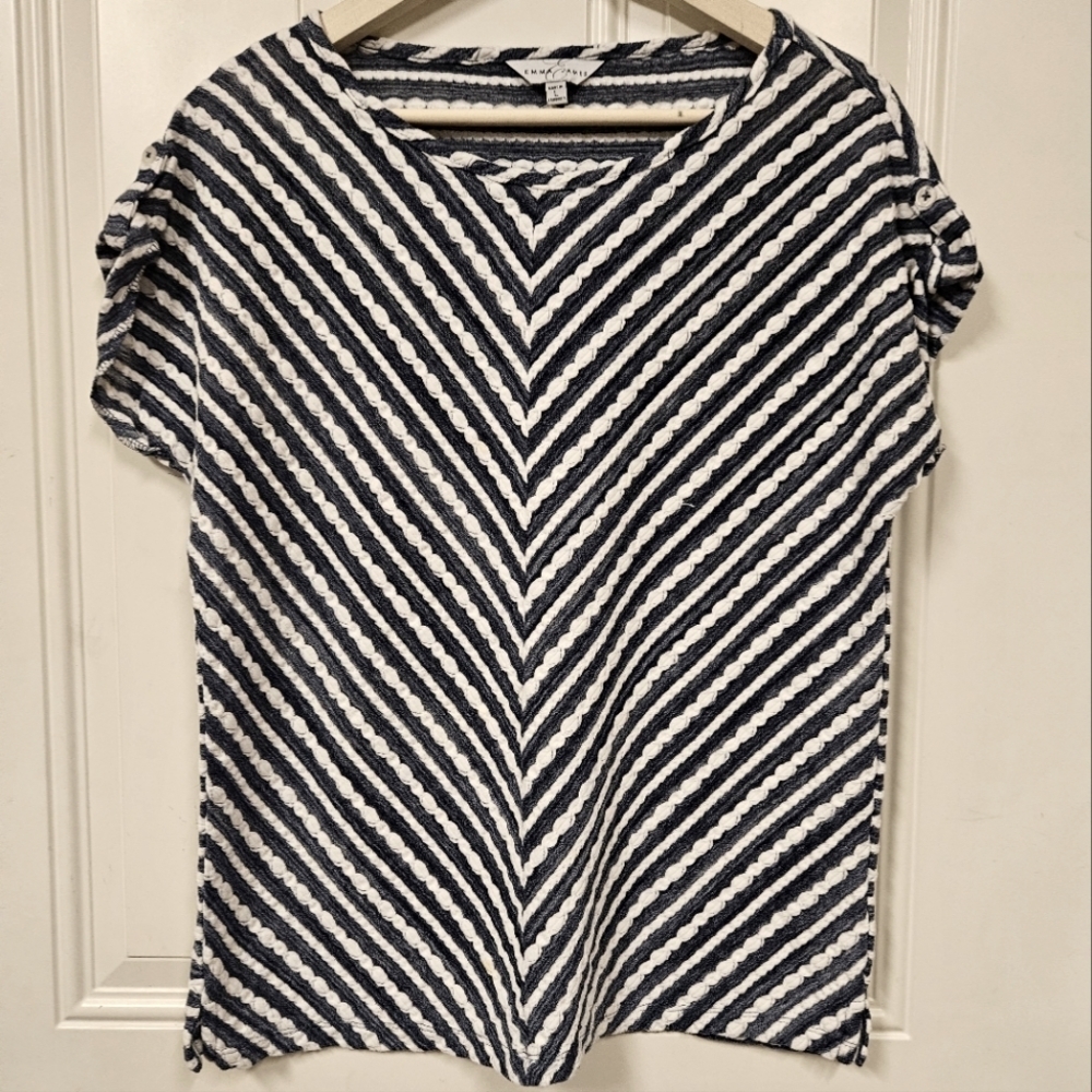 Emma James blue white knit cotton blend blouse size L
